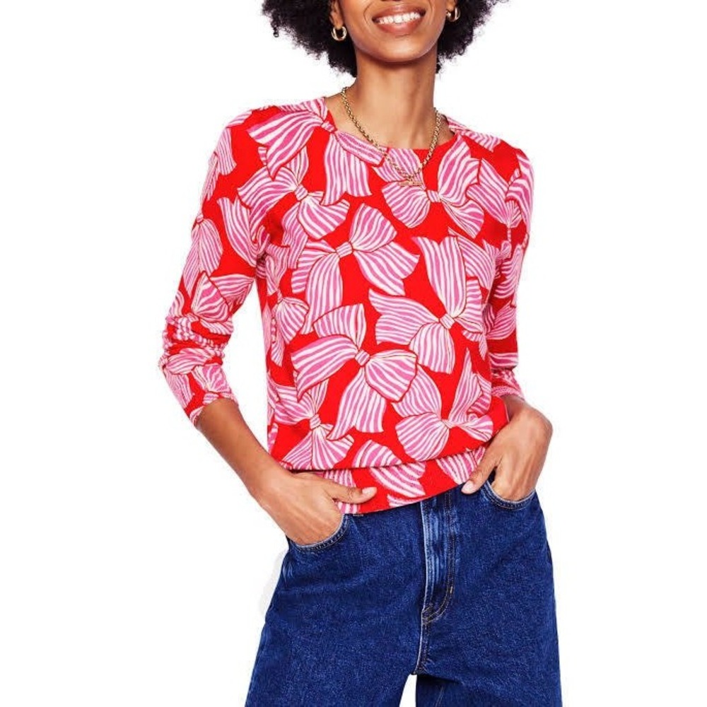 Boden Red Pink Bow Print Cotton Blend Knit Sweater Crew Neck K1034 Large